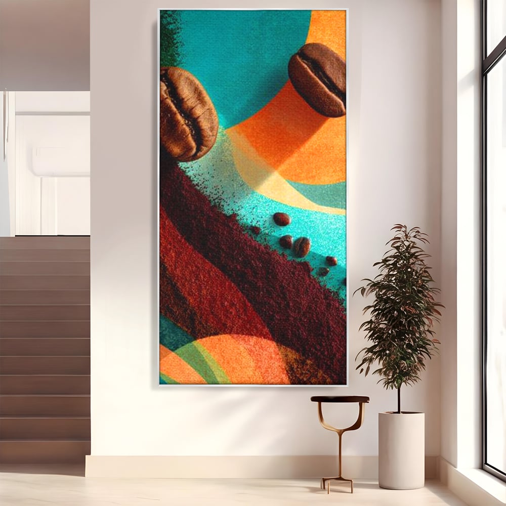 Tablou canvas cu tablou abstract cu boabe de cafea, in rama de aluminiu argintiu